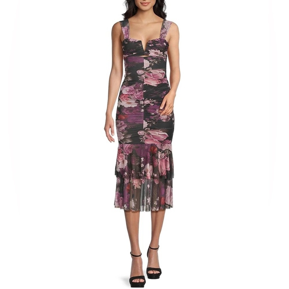 Honey and Rosie Floral Printed Mesh V-Notch Neck Ruffle Hem Midi Dress
